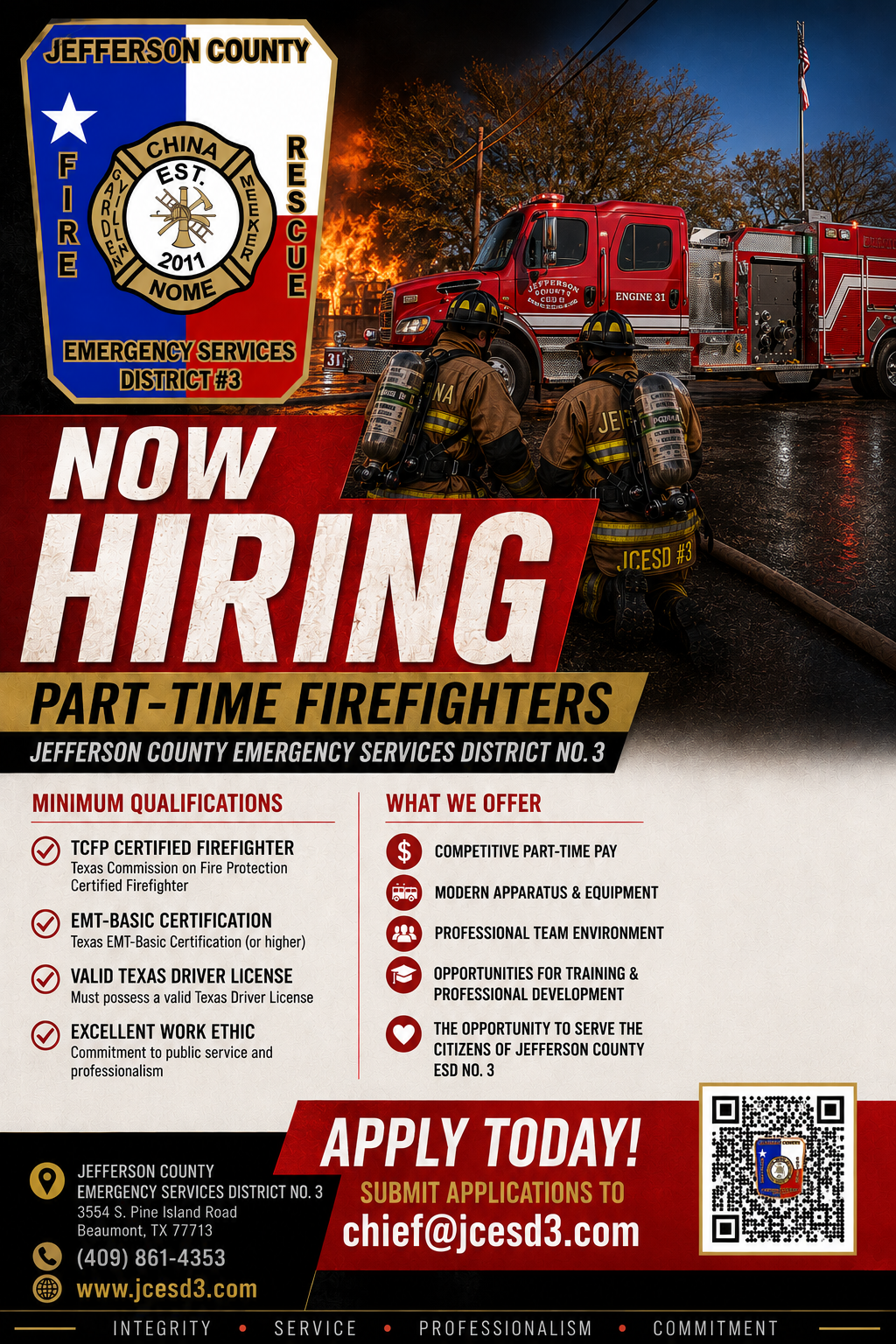 Westmoreland County fire department hiring ad with red fire trucks, firefighters, and “Now Hiring” text