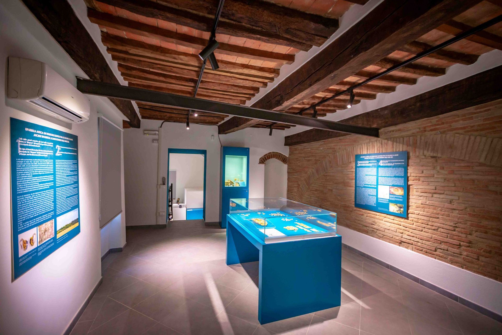 The visitor route with panels, cases and lit display cabinets