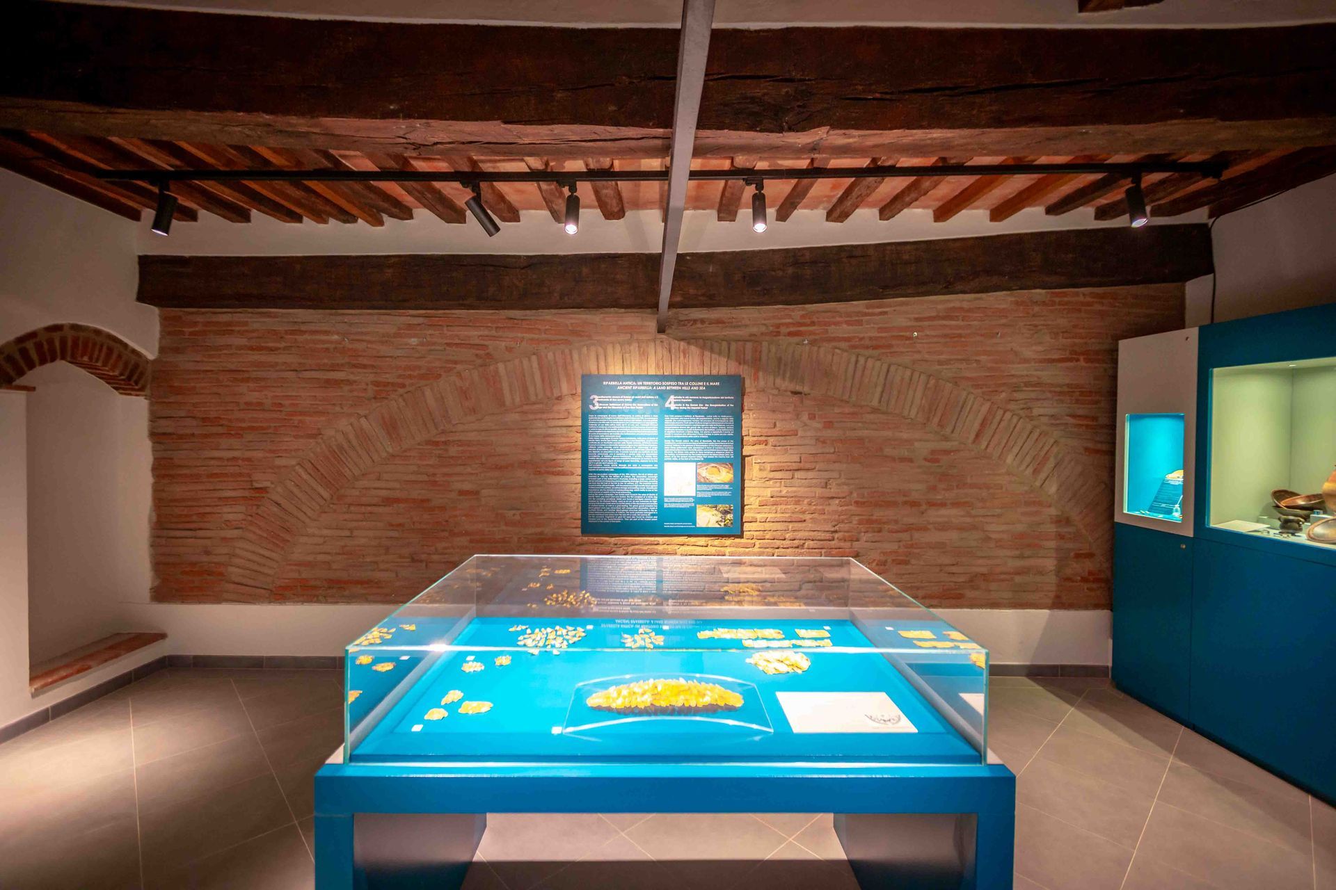 The case holding the Golden Crown in front of the brick arch and the introductory panel