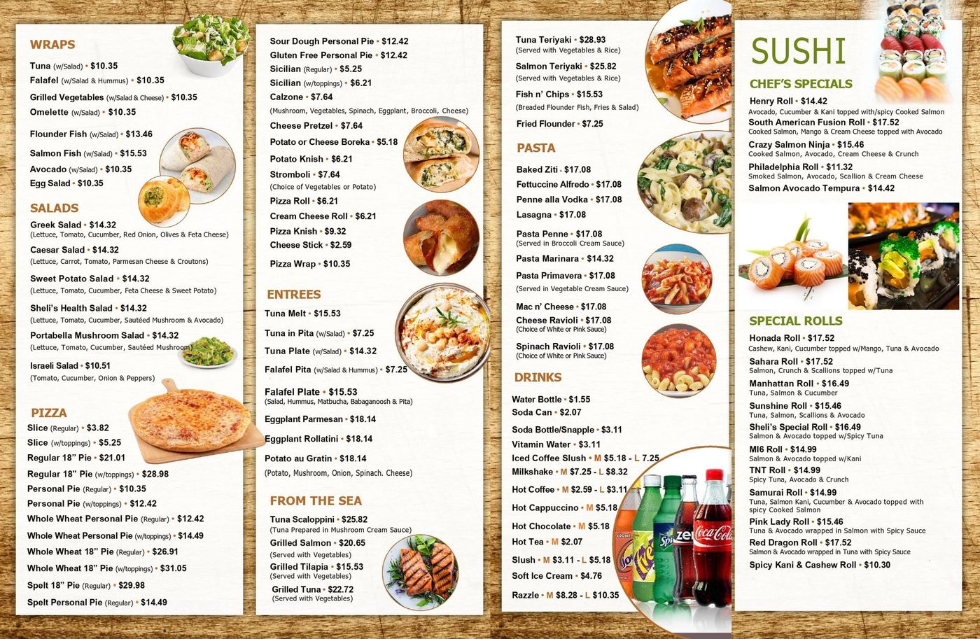 A menu for a restaurant with a variety of food and drinks.