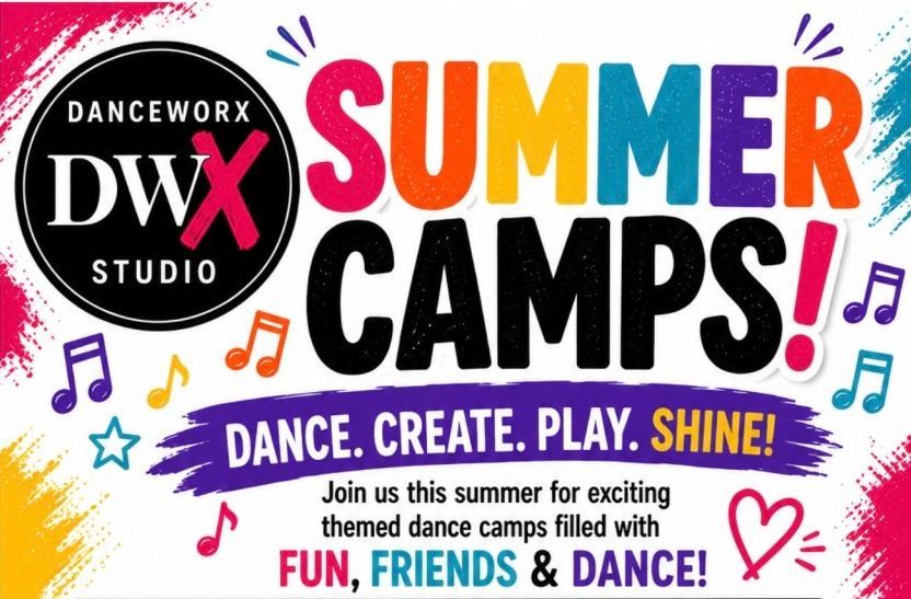 DanceWorx Studio summer camps flyer with colorful text, camp details, and QR code on pink background