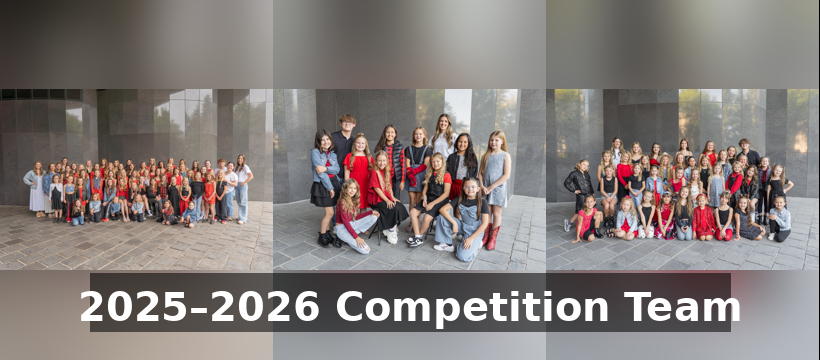 2025-2026 competition team group photo with athletes in red, blue, and white uniforms