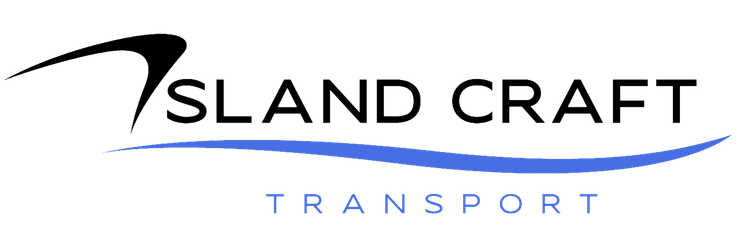 the logo for island craft transport is blue and black .