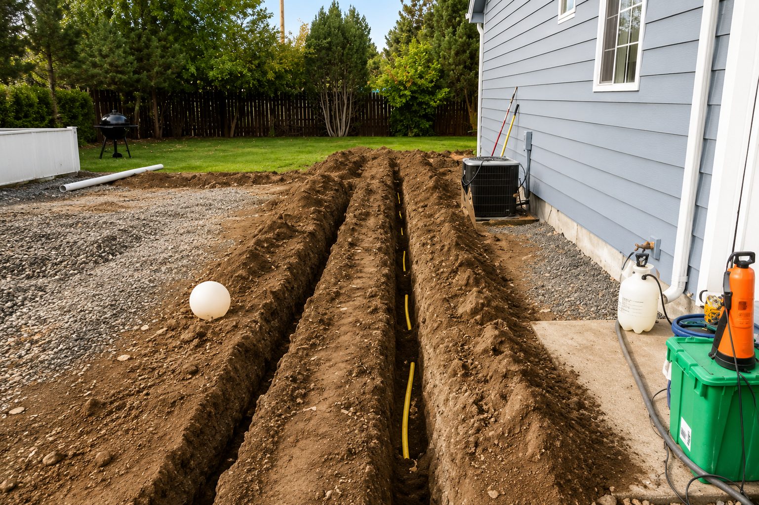 Trenches dug beside a gray house, with gravel, soil piles, and utility containers along the side yard