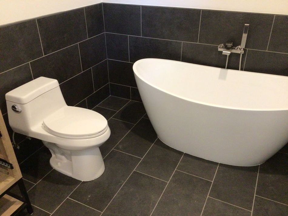 Modern bathroom with a white toilet and freestanding bathtub against black tiled walls and floor