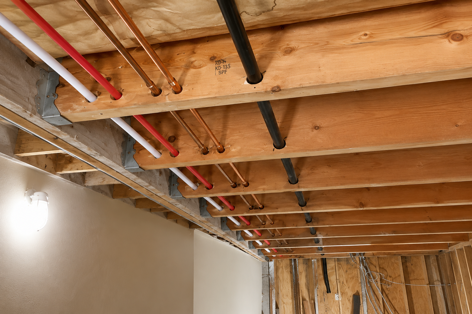 Exposed ceiling joists with red and black pipes in an unfinished basement hallway