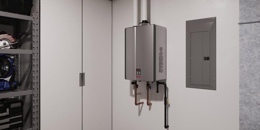 Wall-mounted water heater with exposed pipes beside a gray utility panel in a basement-like room