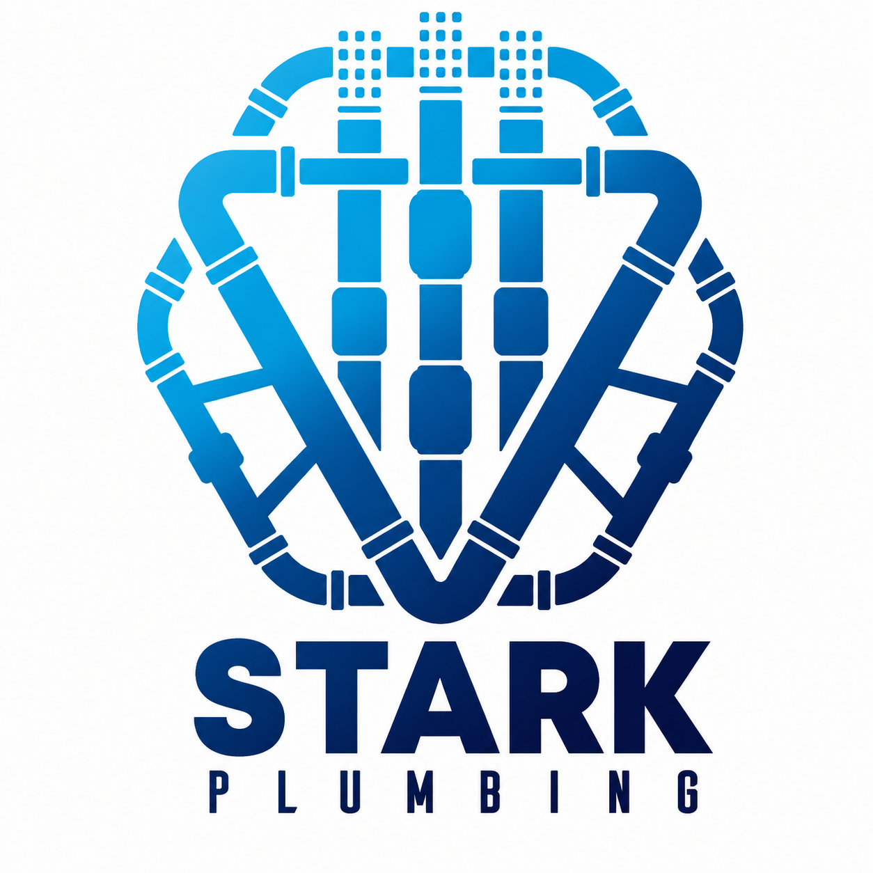 Blue plumbing logo with stylized pipe emblem and the words “STARK PLUMBING”
