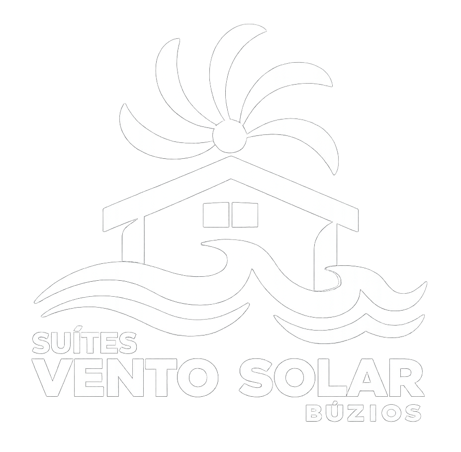 Logo of a house with sun, waves, and wind, labeled “Suítes Vento Solar Búzios”