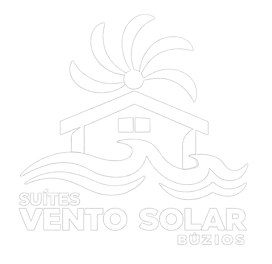 Logotipo em estilo de desenho linear de uma casa com ondas e sol, com a inscrição “Suítes Vento Solar Buziios”.