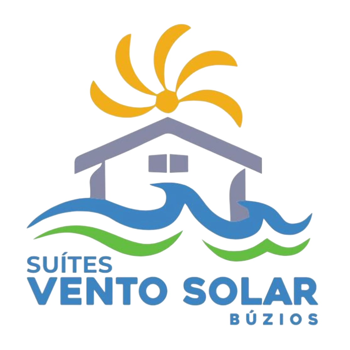 Logotipo com um sol amarelo, casa azul e ondas, grama verde e o texto “Suítes Vento Solar Búzios”