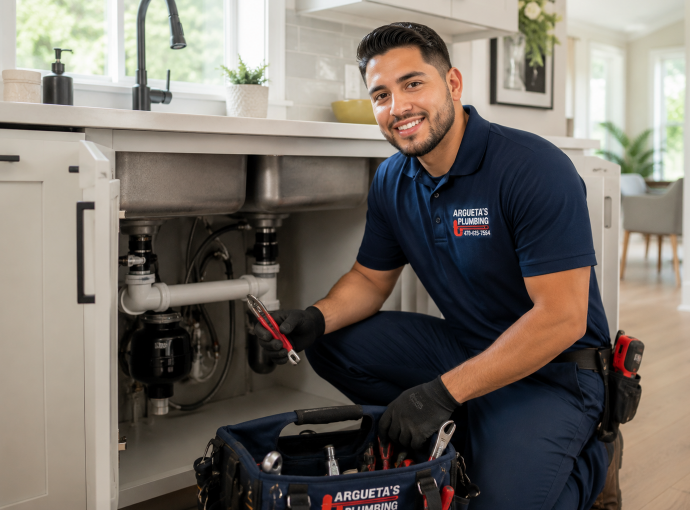 Plumber kneeling under a kitchen sink, smiling while holding a wrench beside open plumbing and a toolbox.