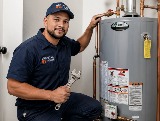 Technician kneeling beside a water heater, holding a wrench in a utility room.