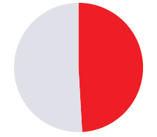 Two-tone circular chart, half light gray and half bright red.