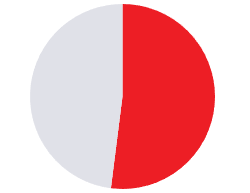 A red and light gray pie chart with the red segment slightly larger than half the circle