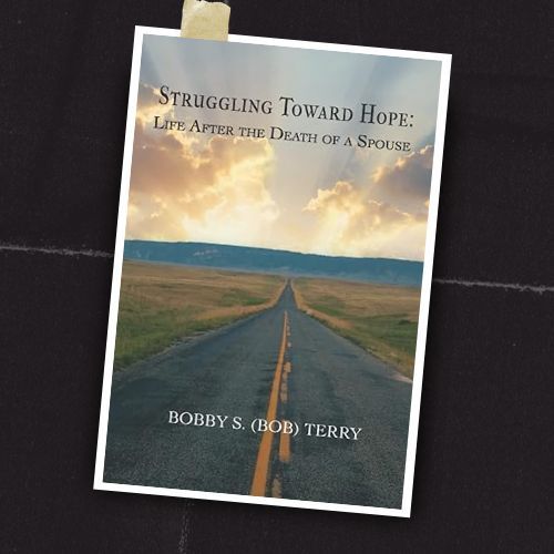 Book cover titled “Struggling Toward Hope: Life After the Death of a Spouse,” showing a road under a cloudy sky.
