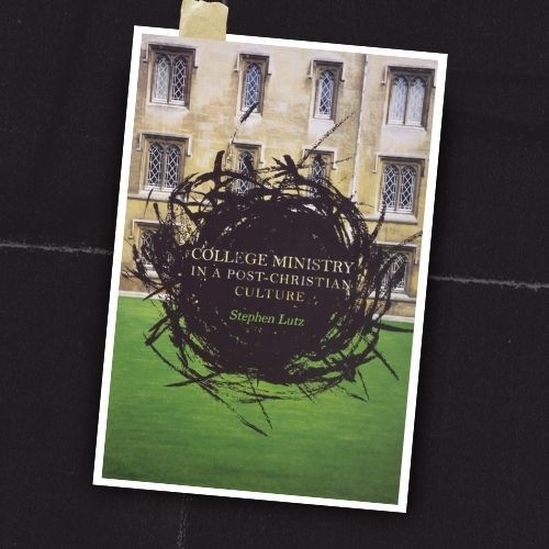College ministry flyer with a building facade, green grass, and dark circular scribble over text.