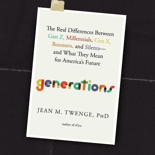 Book cover for “Generations” by Jean M. Twenge, with a tilted white cover and multicolored title text.