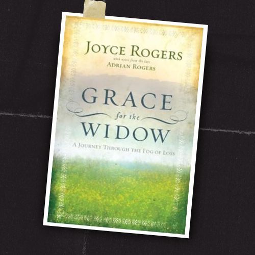 Book cover: “Grace for the Widow” by Joyce Rogers and Adrian Rogers, with green and beige landscape design