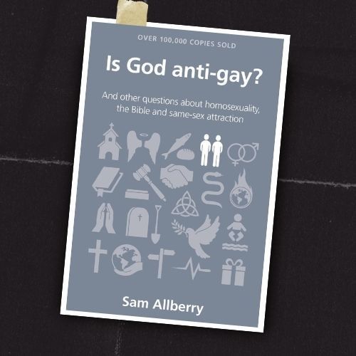 Book cover reading “Is God anti-gay?” by Sam Allberry, gray background with white religious icons.