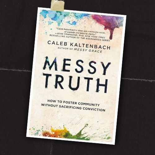 Book cover for “Messy Truth” by Caleb Kaltenbach with colorful paint splashes on a white background