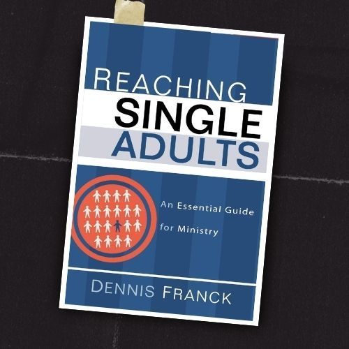 Blue book cover titled “Reaching Single Adults” by Dennis Franck on a dark background.