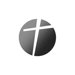 Black-and-white circular logo with a stylized white cross in the center