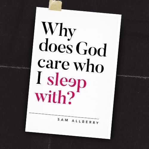 Book cover with white background and black and pink text reading “Why does God care who I sleep with?”