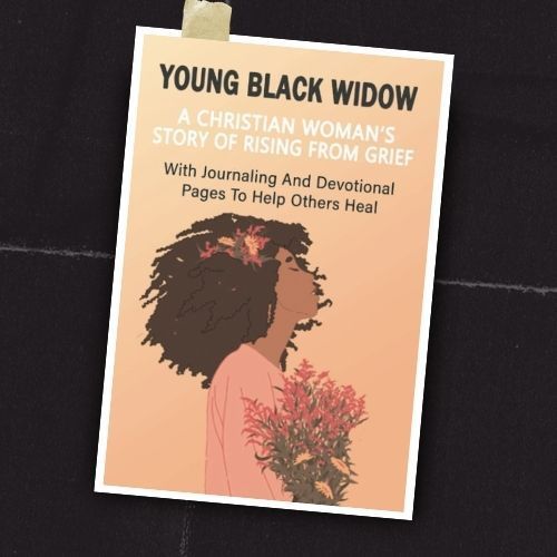 Book cover titled “Young Black Widow: A Christian Woman’s Story of Rising From Grief” with a woman illustration