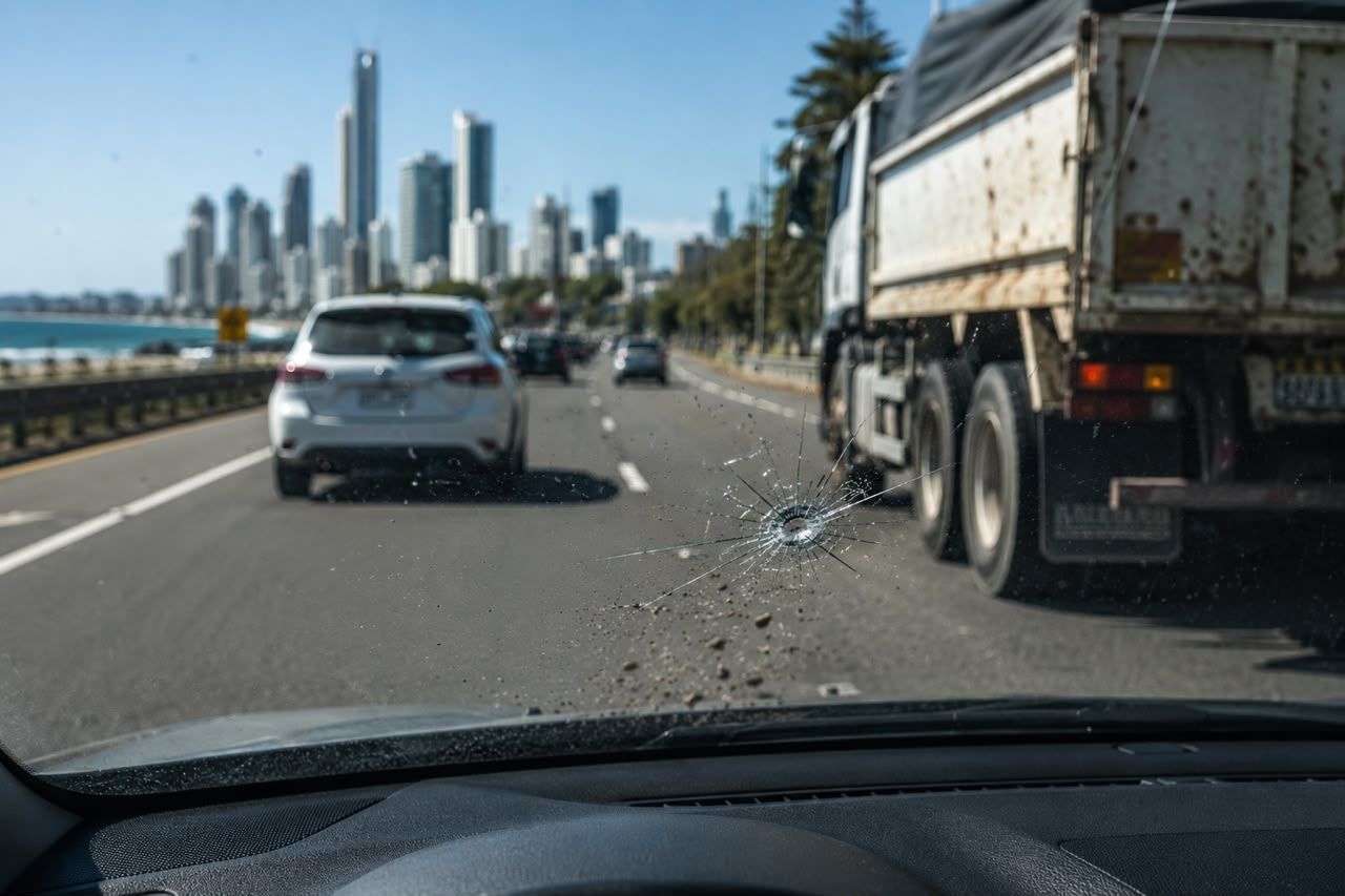 Highway view of a car ahead and a dump truck on the right, with a city skyline in the distance