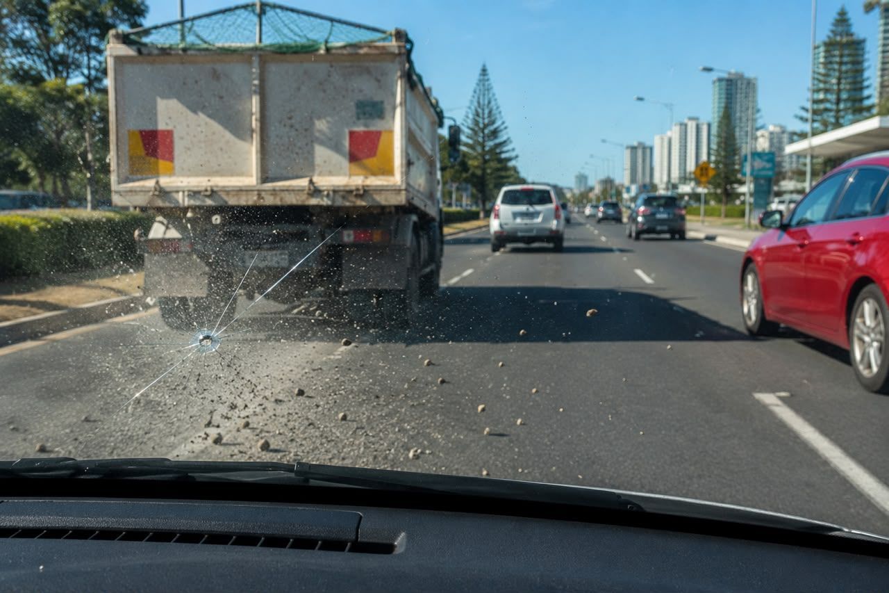 Dashcam view of traffic on a sunny city road behind a white truck, with red and white cars ahead.