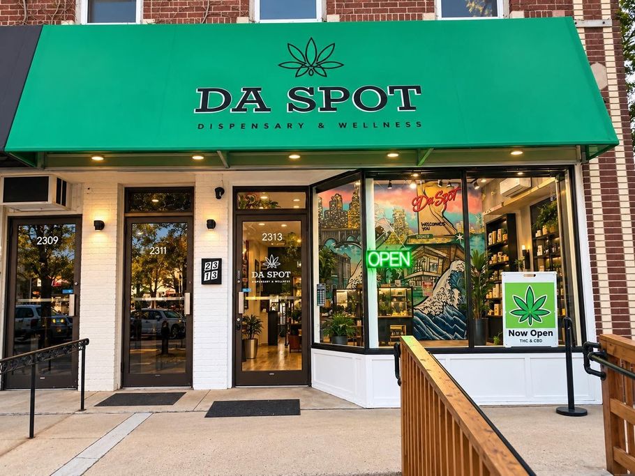 DA SPOT dispensary storefront with green awning and “OPEN” sign on the door