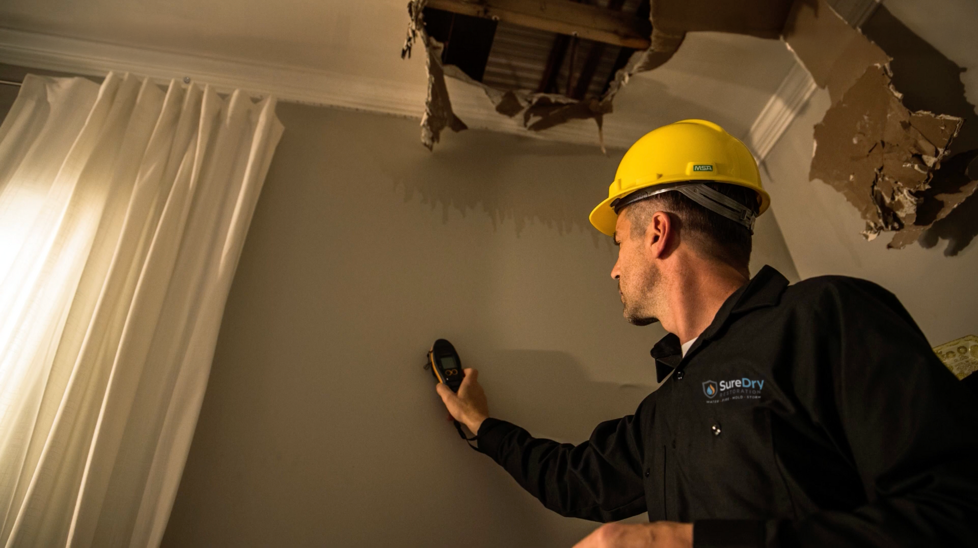 An inspector in Chino Hills using a pin-type moisture meter to assess water damage on a leaking wall with exposed drywall overhead.