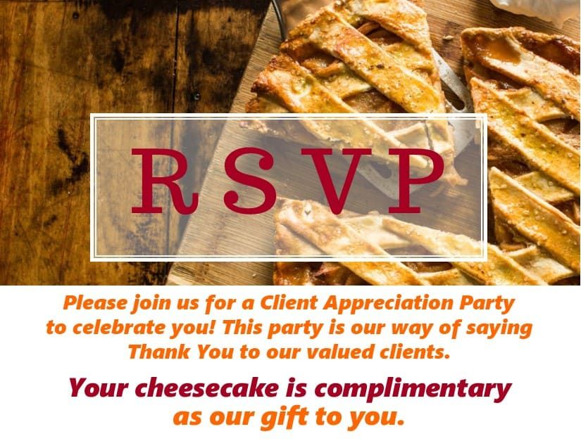 A rsvp card for a client appreciation party