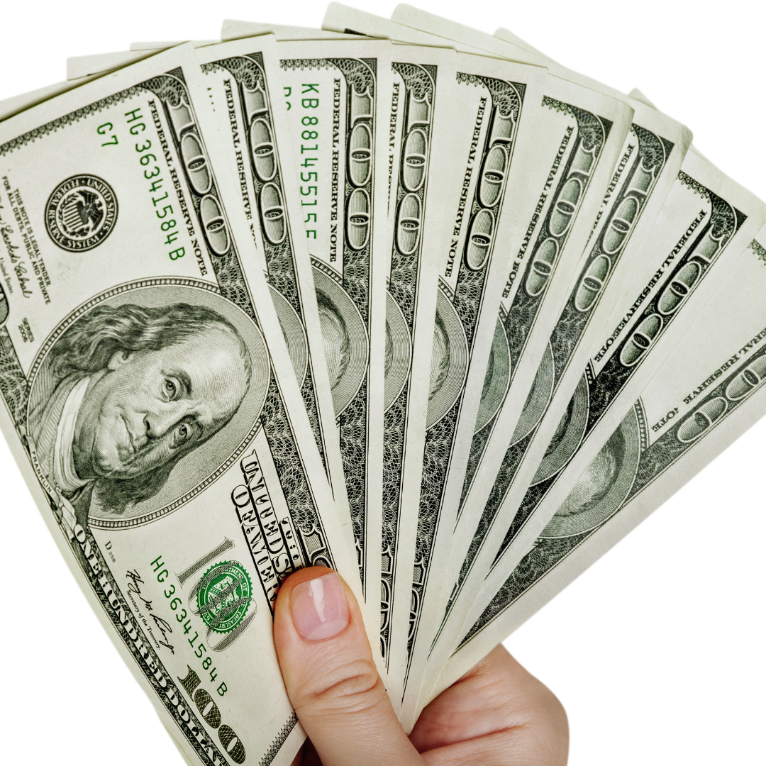 A hand is holding a fan of 100 dollar bills
