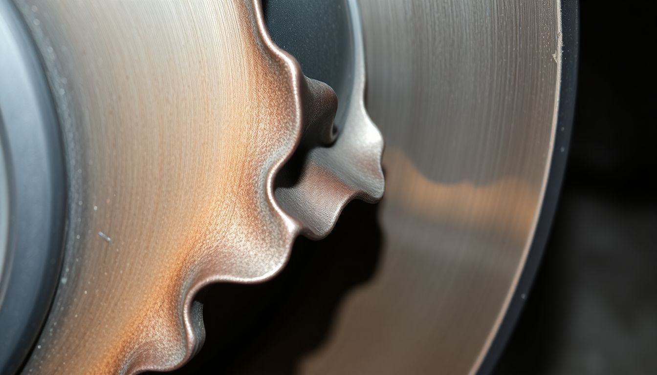 A close up of a brake disc on a car with warped brake rotors