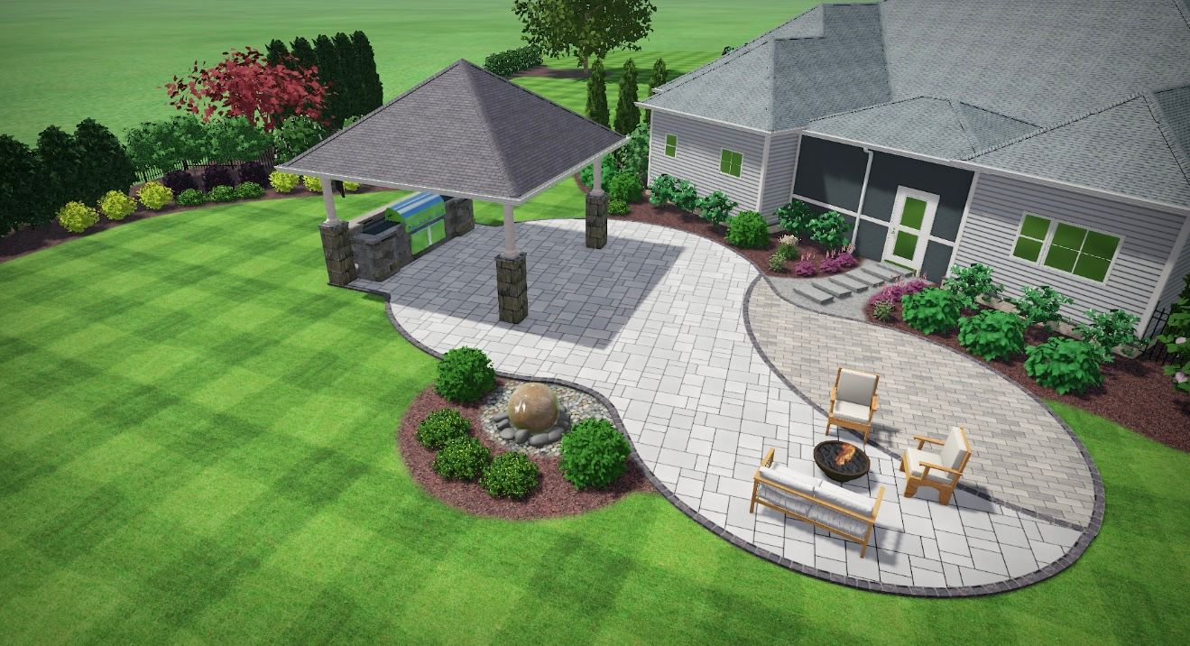 Backyard patio with gazebo, grill, stone pathway, seating, and landscaping next to a house.