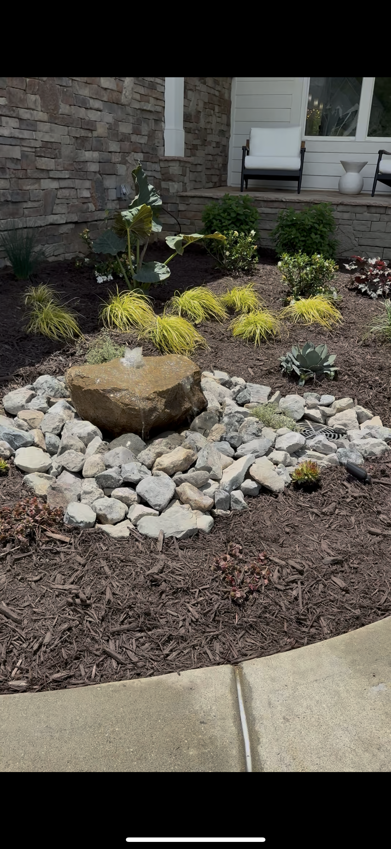 Landscaped garden with large rock surrounded by gravel and mulch. Yellow and green plants, building in background.
