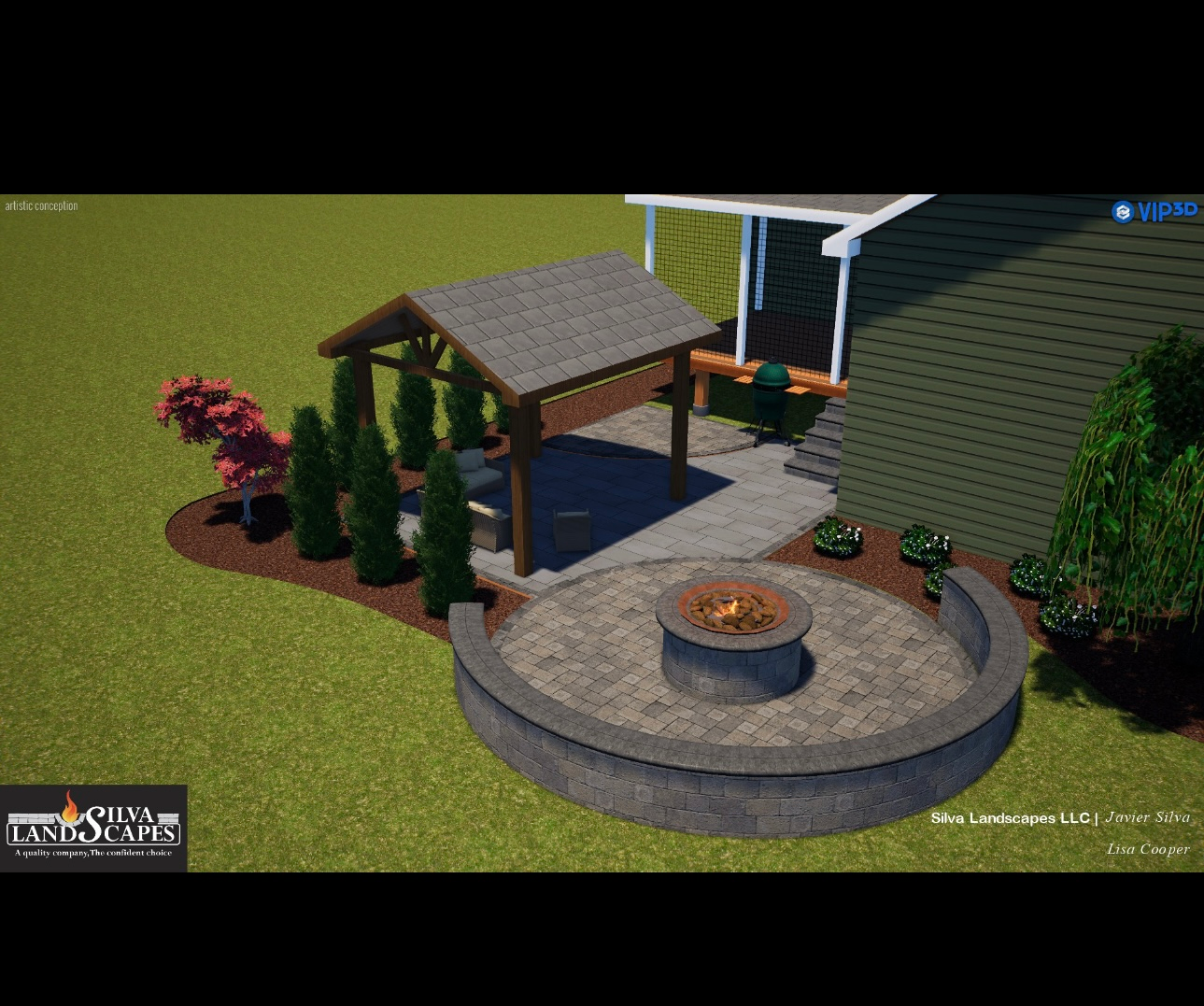 Rendering of backyard patio with a fire pit, gazebo, and landscaping.
