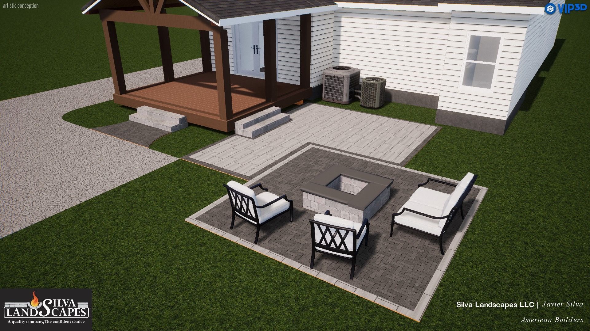 Rendering of a backyard patio with a fire pit, seating, and a covered porch.