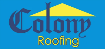 Logo for Colony Construction in dark blue text with a yellow roof graphic, listing roofing, garages, and home improvement.