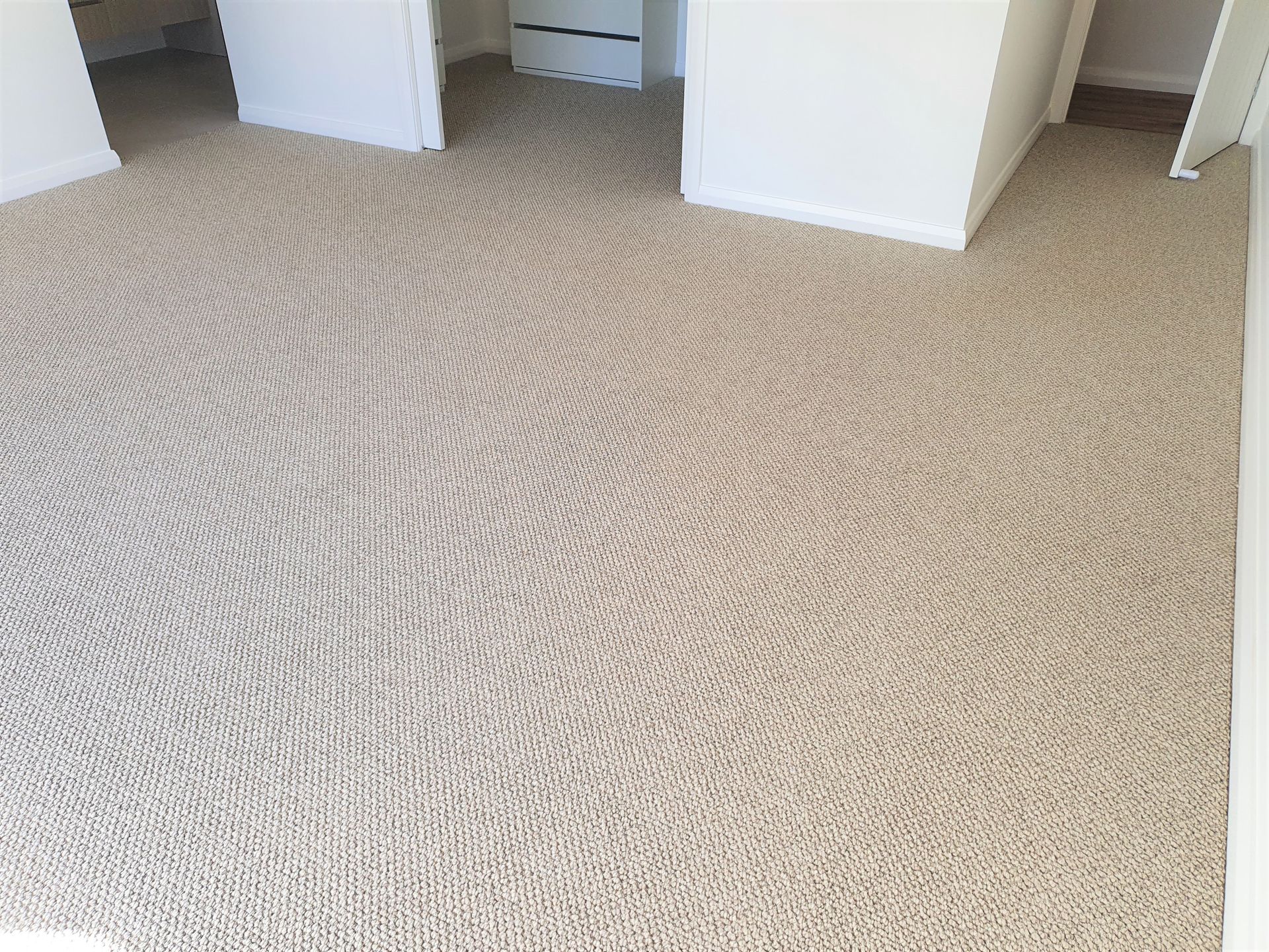A room with a carpeted floor and white walls.
