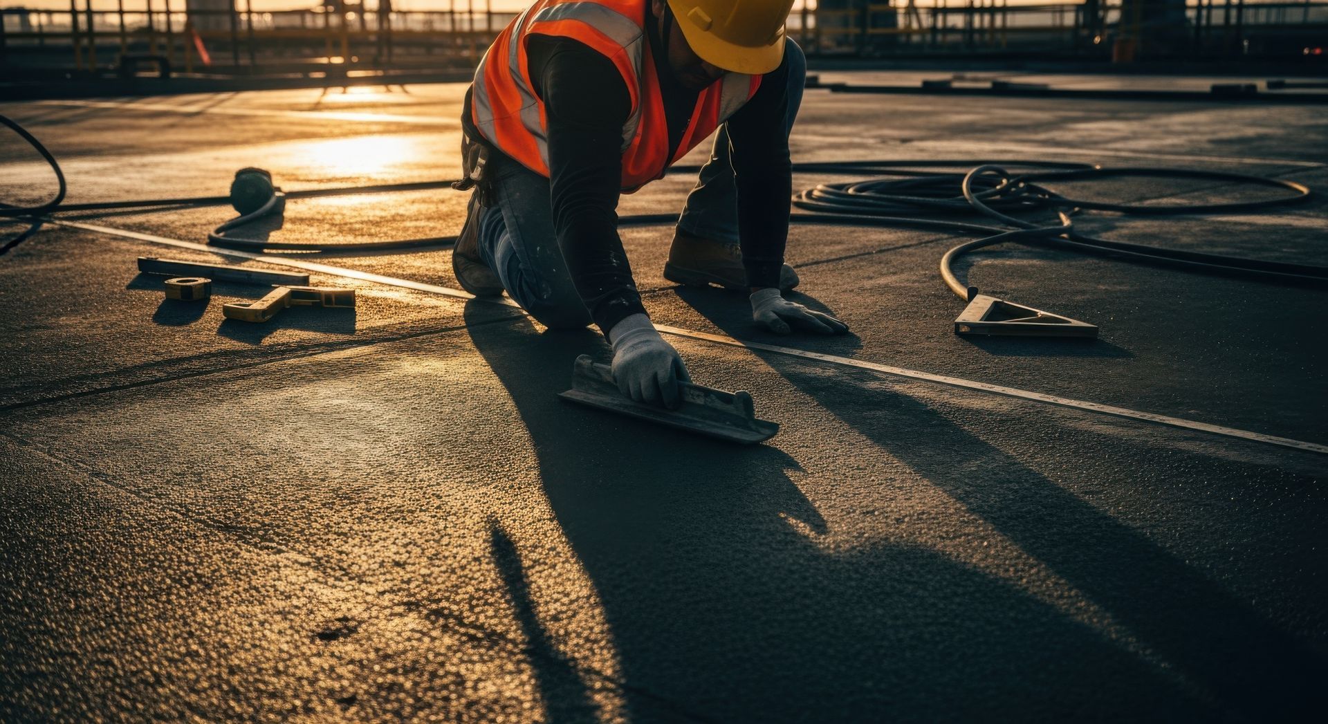 Construction worker crouching on a sunlit rooftop, smoothing wet concrete with tools nearby.