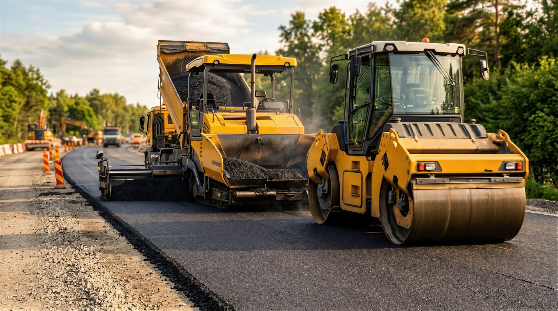 Fresh asphalt repair contractor paving work with new blacktop layer and traffic cones