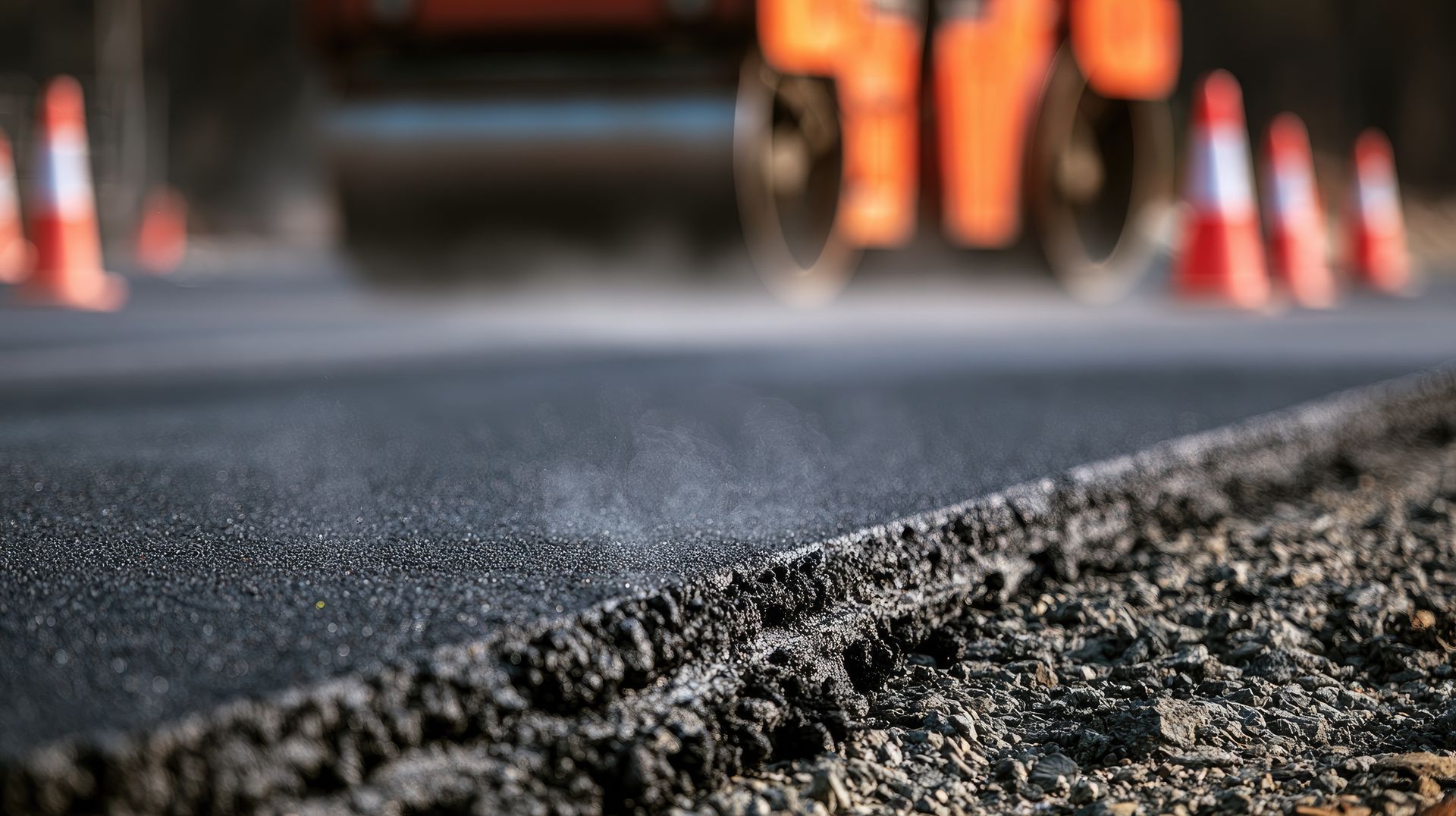 Fresh asphalt repair contractor paving work with new blacktop layer and traffic cones