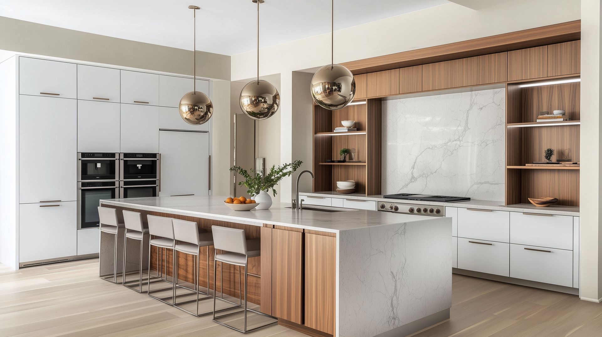 Cuisine moderne avec placards blancs et en bois, grand îlot central avec sièges et suspensions lumineuses dorées.