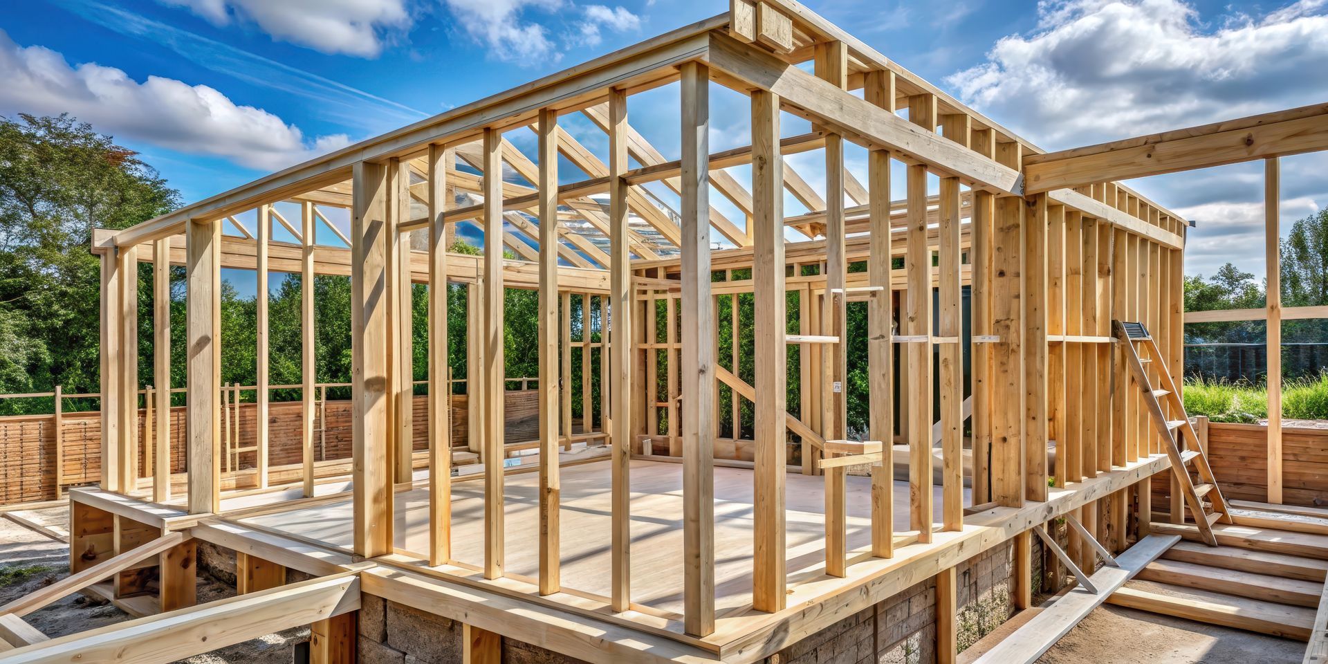 La charpente en bois d'une maison en construction se détache sur un ciel bleu nuageux.