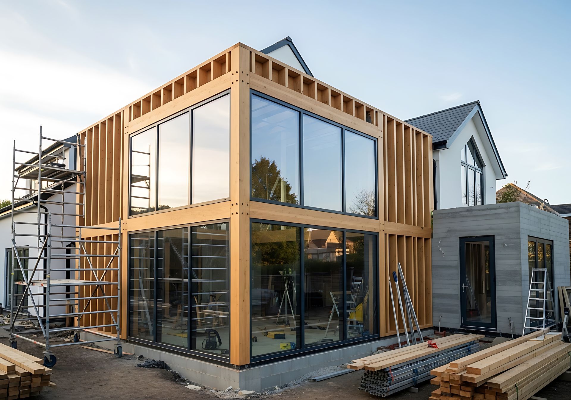 Extérieur d'une extension de maison en construction, avec de grandes fenêtres et une charpente en bois.