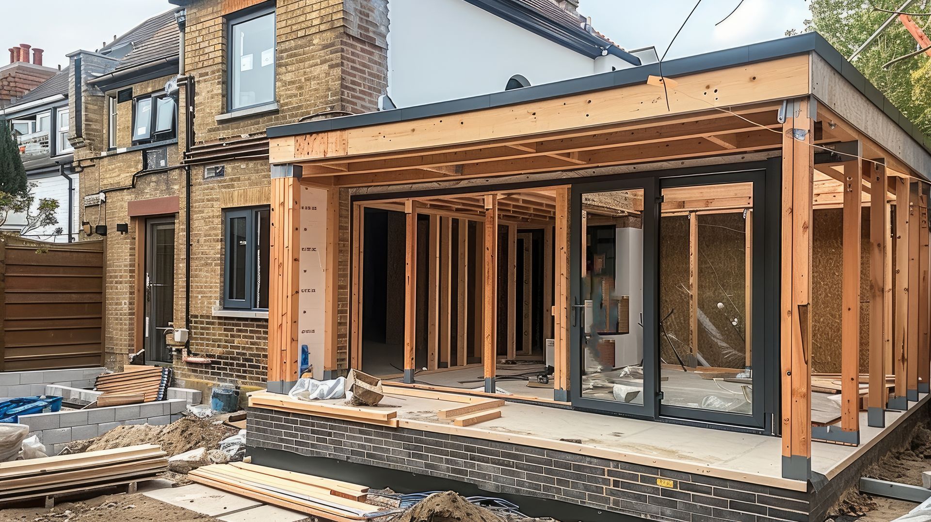 Construction site: wooden frame extension on a brick building with sliding glass doors.