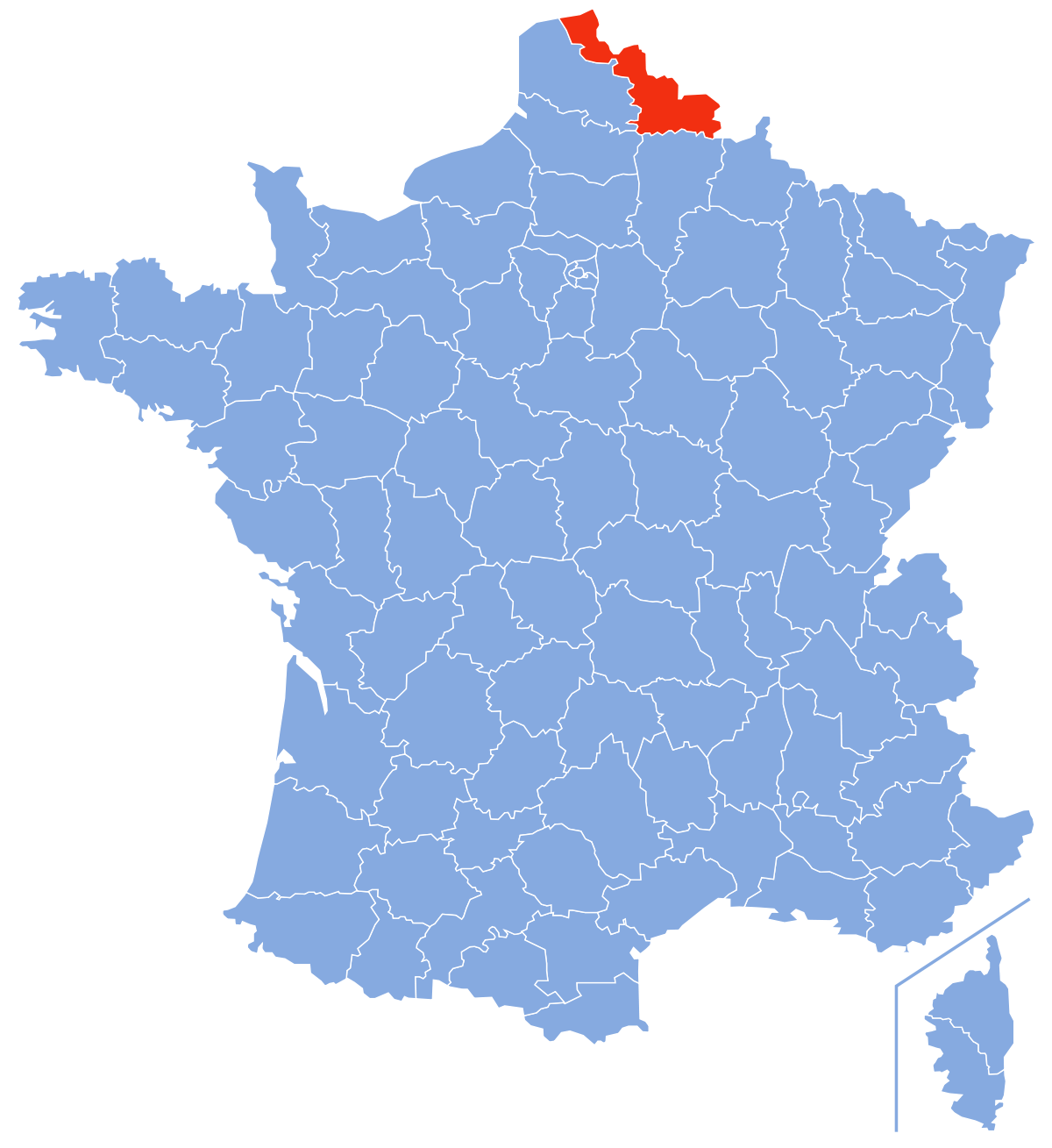 Une carte bleue de la France avec une région rouge surlignée